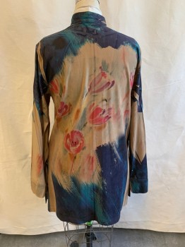 Womens, Blouse, NL, Camel Brown, Navy Blue, Teal Green, Orange, Polyester, Floral, Abstract , B: 40, Suedette, Mandarin Collar Attached, Button Front, Long Sleeves