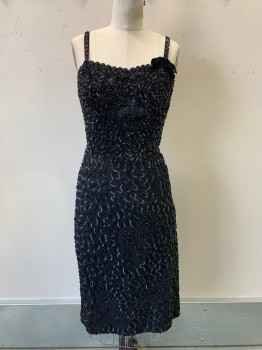 NO LABEL, Black, Polyester, Swirl , Spaghetti Strap, V Neck, Side Bow on Strap, Sequins Details with Beads, Side Zipper, MTO