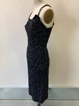 Womens, Evening Gown, NO LABEL, Black, Polyester, Swirl , W26, B34, H36, Spaghetti Strap, V Neck, Side Bow on Strap, Sequins Details with Beads, Side Zipper, MTO