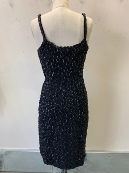 Womens, Evening Gown, NO LABEL, Black, Polyester, Swirl , W26, B34, H36, Spaghetti Strap, V Neck, Side Bow on Strap, Sequins Details with Beads, Side Zipper, MTO