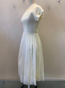 Womens, Evening Gown, NO LABEL, Ivory White, Polyester, Circles, Stripes, W24, B32, S/S, Boat Neck, Light Pattern on Chest, Tulle Skirt, V Cut Waist Line, Back Zipper,