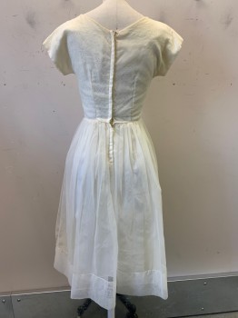 Womens, Evening Gown, NO LABEL, Ivory White, Polyester, Circles, Stripes, W24, B32, S/S, Boat Neck, Light Pattern on Chest, Tulle Skirt, V Cut Waist Line, Back Zipper,