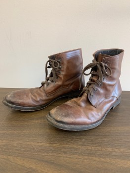 Mens, Boots 1890s-1910s, TO BOOT NEW YORK, Dk Brown, Leather, 9.5, Ankle High, Aged, Lace Up