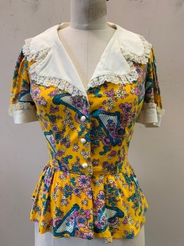 Womens, Blouse, NO LABEL, Yellow, Blue, Pink, Off White, Polyester, Floral, W26, B34, S/S, C.A., Button Front, Floral Print Harps, Lace Trim, Pleated Bottom