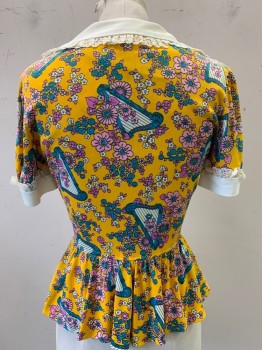 Womens, Blouse, NO LABEL, Yellow, Blue, Pink, Off White, Polyester, Floral, W26, B34, S/S, C.A., Button Front, Floral Print Harps, Lace Trim, Pleated Bottom