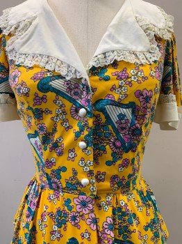 NO LABEL, Yellow, Blue, Pink, Off White, Polyester, Floral, S/S, C.A., Button Front, Floral Print Harps, Lace Trim, Pleated Bottom