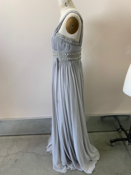 Womens, Evening Gown, EUREKA, Lt Gray, Polyester, Beaded, Solid, M, Slvls, One Shoulder Strap, Beads And Sequins At Neck And Empire Waist, Pleated Bust, Full Full Length Skirt