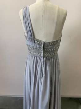 Womens, Evening Gown, EUREKA, Lt Gray, Polyester, Beaded, Solid, M, Slvls, One Shoulder Strap, Beads And Sequins At Neck And Empire Waist, Pleated Bust, Full Full Length Skirt