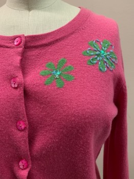 Womens, Cardigan Sweater, GARNET HILL, Pink, Multi-color, Wool, Floral, XS, Round Neck, Button Front, 3 Green Flowers with Light Blue Stitching And Sequins