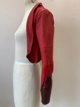 Womens, Sci-Fi/Fantasy Piece 3, NO LABEL, Red, Dk Red, Black, Polyester, Synthetic, Abstract , B: 34, Bolero Jacket, L/S, Shawl Collar, Patchwork, Linear Quilted Detail On Arm, Plastic Guard On Forearm With Inner Zipper, Made To Order
