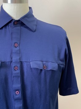 LONDON FOG, Navy Blue, Polyester, Solid, S/S, Button Front, Collar Attached, Chest Pockets