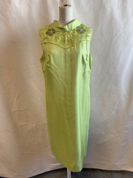 NL, Lime Green, Silk, Solid, Back Zipper, Round Collar, Below Knee, Floral Embroidery and Beading, 3 Teardrop Beads **Missing 4 Beads