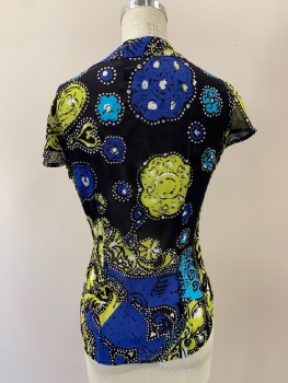 Womens, Blouse, MOSCHINO JEANS, Black, Lime Green, Multi-color, Viscose, Abstract , Floral, B36, 8, C.A., B.F., S/S, White And Blue Details