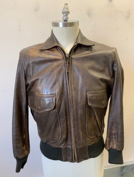 Mens, Leather Jacket, N/L, Brown, Leather, Solid, 42, Zip Front, Collar Attached, Rib Knit Waistband & Cuffs, 4 Pockets, Brown Lining, Lightly Aged Throughout