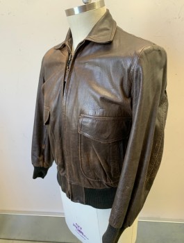 Mens, Leather Jacket, N/L, Brown, Leather, Solid, 42, Zip Front, Collar Attached, Rib Knit Waistband & Cuffs, 4 Pockets, Brown Lining, Lightly Aged Throughout