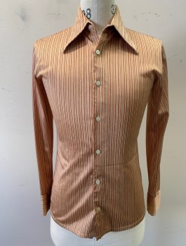 Mens, Casual Shirt, B FRIENDS, Beige, Red, Orange, Black, Nylon, Stripes - Vertical , S, N:14.5, Stretchy, L/S, Button Front, Long 70's Collar, Fitted