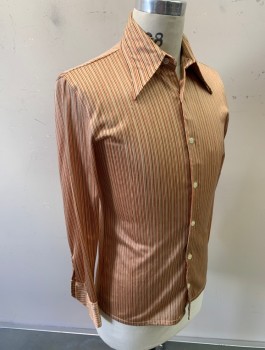 B FRIENDS, Beige, Red, Orange, Black, Nylon, Stripes - Vertical , Stretchy, L/S, Button Front, Long 70's Collar, Fitted