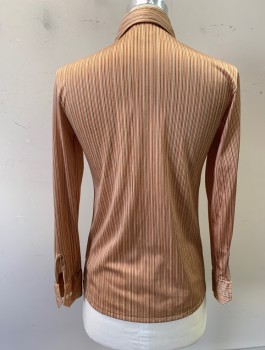 Mens, Casual Shirt, B FRIENDS, Beige, Red, Orange, Black, Nylon, Stripes - Vertical , S, N:14.5, Stretchy, L/S, Button Front, Long 70's Collar, Fitted