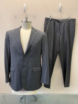Mens, Suit, Jacket, SAKS FIFTH AVE, Dk Gray, Blue, White, Wool, Stripes - Pin, 44 L, 2 Buttons,sb Notched Lapel, 3 Pockets