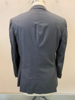 Mens, Suit, Jacket, SAKS FIFTH AVE, Dk Gray, Blue, White, Wool, Stripes - Pin, 44 L, 2 Buttons,sb Notched Lapel, 3 Pockets