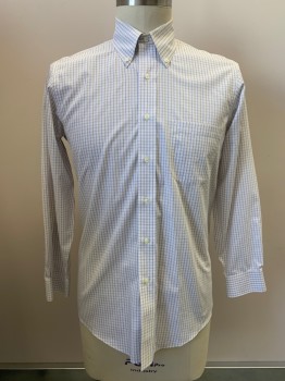 Mens, Casual Shirt, BROOKS BROS, White, Blue, Brown, Cotton, Plaid - Tattersall, 33, 16, L/S, Button Front, Collar Attached, Chest Pocket,
