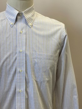 Mens, Casual Shirt, BROOKS BROS, White, Blue, Brown, Cotton, Plaid - Tattersall, 33, 16, L/S, Button Front, Collar Attached, Chest Pocket,
