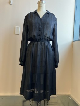 COCO OF CALIFORNIA, Black Sheer Poly with Satin Plaid Like Pattern, Pull On, B.F., Notched Lapel, Back Yoke, L/S with Button Cuffs, Elastic Waist, Belt Loops, Calf Length