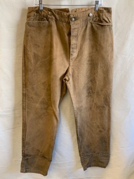 NL, Tan Brown, Cotton, Solid, F.F, Button Front, 3 Pockets, Metal Suspender Buttons, Back Half Belt, 1 Pocket, Aged/Distressed