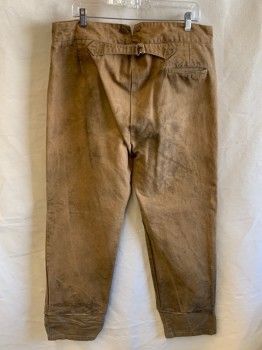 Mens, Historical Fiction Pants, NL, Tan Brown, Cotton, Solid, 35, 36, F.F, Button Front, 3 Pockets, Metal Suspender Buttons, Back Half Belt, 1 Pocket, Aged/Distressed