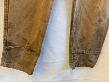 Mens, Historical Fiction Pants, NL, Tan Brown, Cotton, Solid, 35, 36, F.F, Button Front, 3 Pockets, Metal Suspender Buttons, Back Half Belt, 1 Pocket, Aged/Distressed