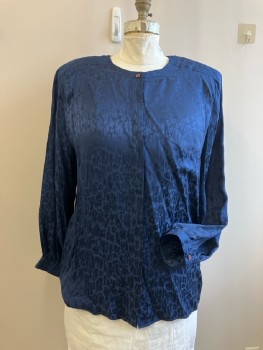 ARGENTI, Navy Silk Jacquard Abstract, Round Neck, Concealed B.F., 1 Pckt, Pleats Front And Back Of Raglan Shoulder, Shoulder Pads, L/S, with Button Cuffs, Inverted Box Pleat CB Stitched Down At Top At Waist