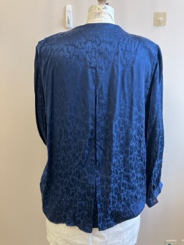 ARGENTI, Navy Silk Jacquard Abstract, Round Neck, Concealed B.F., 1 Pckt, Pleats Front And Back Of Raglan Shoulder, Shoulder Pads, L/S, with Button Cuffs, Inverted Box Pleat CB Stitched Down At Top At Waist