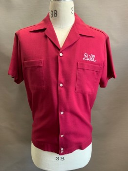 MR. MORTS, Red Burgundy, Cotton, Bowling Shirt, C.A., Button Front, S/S, 2 Chest Pockets, "Bill" Embroidered Above Left Pocket, "Wilson" Embroidred Below Left Shoulder