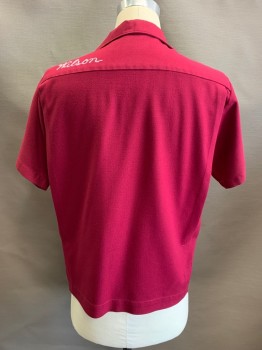 Mens, Shirt, MR. MORTS, Red Burgundy, Cotton, M, Bowling Shirt, C.A., Button Front, S/S, 2 Chest Pockets, "Bill" Embroidered Above Left Pocket, "Wilson" Embroidred Below Left Shoulder