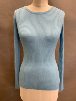 Womens, Pullover, THEORY, Lt Blue, Wool, P, Ribbed, Round Neck, L/S