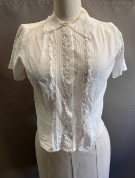 Womens, Blouse, COLLEGIANA , White, Cotton, B: 40, C.A., Button Front, S/S, Ruffle & Lace Trim, Clear Flower Buttons, Stains on Shoulder, Pink Stain Near Left Cuff