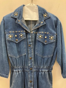 DREAMS, Denim Blue, Cotton, Solid, C.A., L/S, Snap B.F., Gold And Pearl Studs, Elastic Waist Band, 4 Pockets,