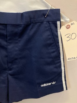 Mens, Shorts, ADIDAS, Navy Blue, White, Polyester, Cotton, Solid, W: 30, F.F, Zip Front, Side Pockets, White Side  Bands
