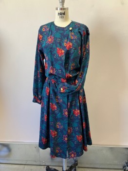 LIZ CLAIBORNE, Navy Blue, Teal Blue, Gold, Red, Purple, Polyester, Floral, CN, DB. Single Gold Button At Neck, Pleats From Yoke Front And Back, L/S with Button Cuffs, Elastic Waist, Concealed B.F., Inverted Box Pleats Front Skirt