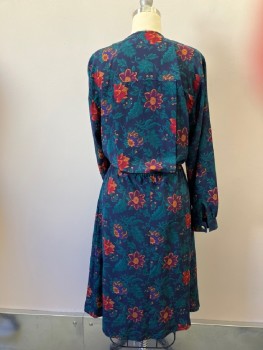 LIZ CLAIBORNE, Navy Blue, Teal Blue, Gold, Red, Purple, Polyester, Floral, CN, DB. Single Gold Button At Neck, Pleats From Yoke Front And Back, L/S with Button Cuffs, Elastic Waist, Concealed B.F., Inverted Box Pleats Front Skirt