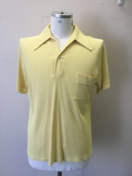Mens, Polo Shirt, DON LOPER, Lemon Yellow, Polyester, Novelty Pattern, L, Polo Shirt. Novelty Textured Knit.Open Collar, 1 Button Placet, 1 Pocket, Short Sleeves,