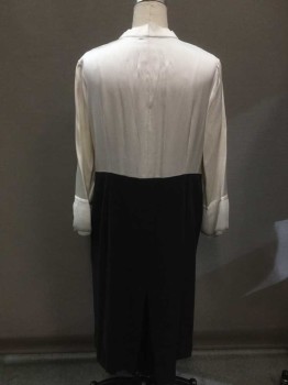 Womens, Dress, M.T.O., White, Black, Silk, Lace, Solid, W 40, B 44, White Textured Silk Top, Long Sleeves, HiddenButton Front, Lace Ruffle Front, Band Collar Tacked Down, Black/White Aged Ribbon Tie, Layered Chiffon Cuff, Black Crepe Skirt with Off Center Front Slit and Pleated Back Slit, Aged