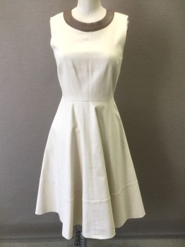 Womens, Dress, Sleeveless, KATE SPADE, Eggshell White, Brown, Cotton, Leather, Solid, B30, 0, W24, Eggshell Substantial Cotton Twill, Sleeveless, with Brown Leather 1" Edging at Round Neck, Form Fitting Bodice with Flared Skirt in Vertical Panels, 2 Side Seam Pockets, Gold Metal Zipper at Center Back, Hem Below Knee  **Barcode is on Pocket Lining