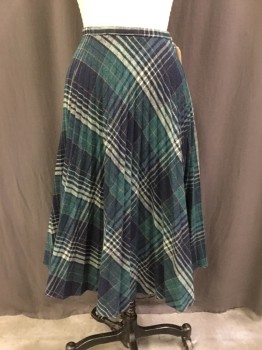 Womens, Skirt, SUMMIT, Navy Blue, Forest Green, White, Gold, Wool, Plaid, W 24, Side Zip, Sun-ray Pleating, Bias, A-line, Below Knee