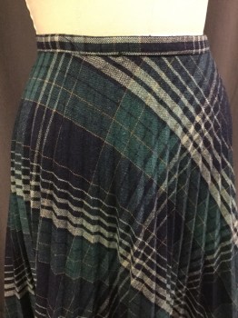 SUMMIT, Navy Blue, Forest Green, White, Gold, Wool, Plaid, Side Zip, Sun-ray Pleating, Bias, A-line, Below Knee
