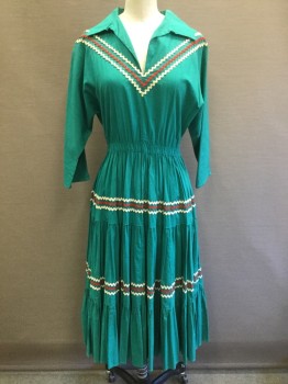N/L, Kelly Green, Red, Cream, Cotton, Solid, Zig-Zag , Solid Kelly Green with Red and Cream Zig Zagged Ric Rack Trim in V Shape at Center Front Shoulders and in Horizontal Stripes Across Skirt, 3/4 Dolman Sleeves, V-neck with Collar Attached, Elastic Waist, 3 Tiered Peasant Style Skirt, Hem Below Knee,