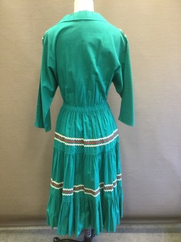 N/L, Kelly Green, Red, Cream, Cotton, Solid, Zig-Zag , Solid Kelly Green with Red and Cream Zig Zagged Ric Rack Trim in V Shape at Center Front Shoulders and in Horizontal Stripes Across Skirt, 3/4 Dolman Sleeves, V-neck with Collar Attached, Elastic Waist, 3 Tiered Peasant Style Skirt, Hem Below Knee,
