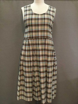 N/L, Navy Blue, Blue, Green, Brown, Beige, Cotton, Plaid, Scoop Neck, Sleeveless, Button Up Sides, Pleated Skirt