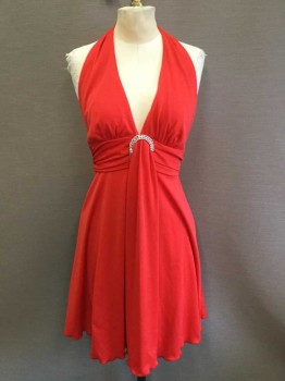 Womens, Cocktail Dress, N/L, Red, Polyester, Solid, W 24, Halter, High Waist Gathered W/self Fabric Hanging Through The 1/2 Circle Rhinestone Pin @ Cleavage, Bias-cut, Flair Bottom, Zip Back,