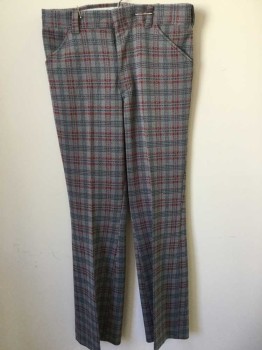 N/L, Gray, Maroon Red, Navy Blue, Polyester, Plaid-  Windowpane, Plaid, Flat Front, Zip Fly, 4 Pockets, Boot Cut,